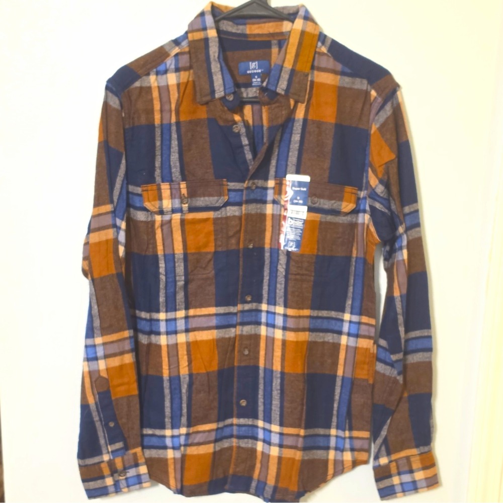 George Men's Plaid Long Sleeve Button-Up Shirt Pockets S Blue/Brown #143